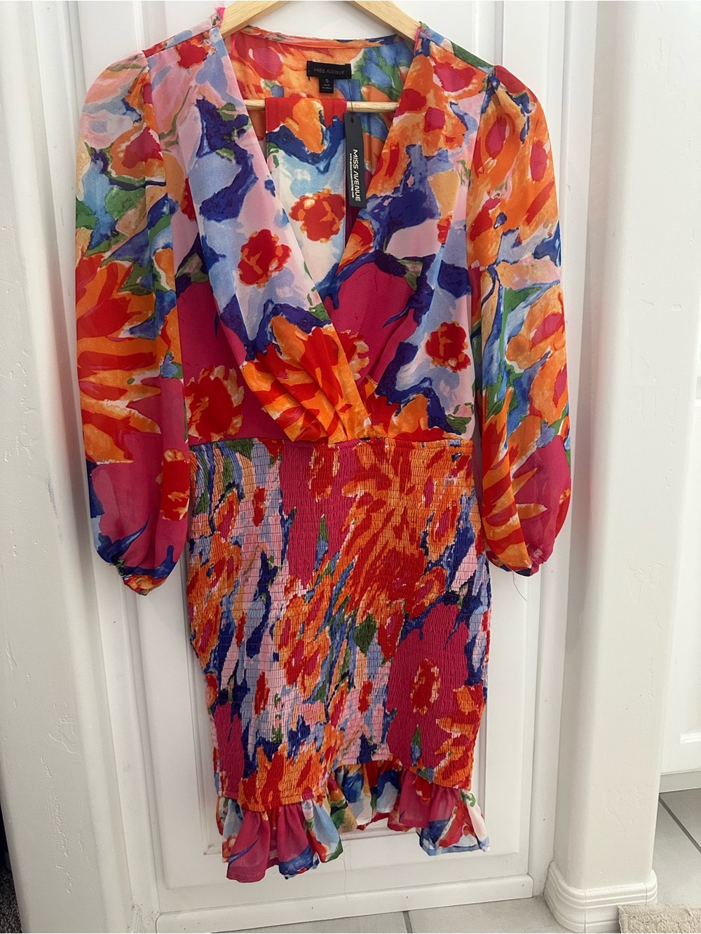 Pleated Floral Wrap Mini Dress in Multi-Color size small